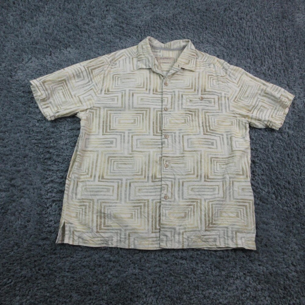 Tommy Bahama Shirt Mens XL Beige 100% Silk Geometric Button Up Original Fit TB
